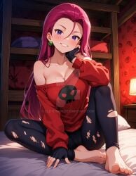 2025 4kids_entertainment ai_generated anime barefeet barefoot bedroom black_jeans deviantart elryusam green_earrings helluva_boss jessie_(pokemon) loona_(cosplay) loona_(helluva_boss) meta nintendo not_porn orange_cheeks pink_hair pokemon purple_eyes red_shirt ripped_jeans ripped_pants team_rocket vivziepop youtube