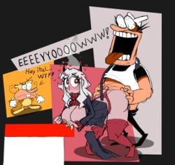 1boy 1girls awooga backshots coloringthecat_(artist) commission crack_pairing crossover demon demon_girl heart heart-shaped_pupils helltaker holy_shit italian modeus_(helltaker) peppino_spaghetti pizza_tower screaming_in_pain screaming_in_pleasure sex the_noise walk-in