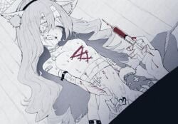 1other animal_ears bad_id bad_pixiv_id bandaged_head bandages bandaid bike_shorts bleeding blood bondage breasts cat_ears chest_piercing corset_piercing crying female gauze gauze_over_eye holding holding_syringe monochrome needle nipple_piercing original out_of_frame piercing rape red_hod sex small_breasts syringe wrist_cutting