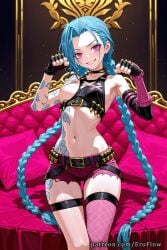 1girls 2025 ai_generated arcane asymmetrical_clothes asymmetrical_legwear bare_shoulders belt black_gloves blue_hair braid breasts bullet eroflow fingerless_gloves fishnets gloves grin hi_res highres jinx_(league_of_legends) league_of_legends league_of_legends:_wild_rift long_hair long_nails looking_at_viewer midriff nail_polish navel nipples one_breast_out patreon paw_pose pillow pink_eyes pink_shorts pink_thighhighs riot_games short_shorts shorts single_thighhigh sitting smile solo stockings stomach tattoo thighhighs torn_clothes twin_braids very_long_hair voluptuous voluptuous_female