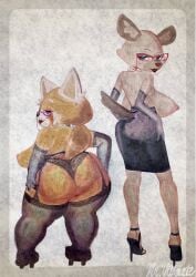 aggressive_retsuko aggretsuko areolae artist_name artist_signature blush breasts duo elderly_female eyewear female furry garter_belt garter_straps geta geta_sandals grainy_render grainy_texture haida's_mother high_heels large_ass large_breasts lingerie makeup mother mr._ultimate_(artist) nipples retsuko's_mother saggy_breasts skirt stockings thigh_highs topless underwear vintage_clothing vintage_pinup