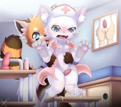 2022 ailurid ame_kitsune animal_genitalia animal_penis anthro anthro_on_anthro balls bodily_fluids clothed clothing cum dildo domestic_cat duo ejaculation felid feline felis female genital_fluids genitals hi_res hsh91100 male male/female mammal nurse penis red_panda sex sex_toy thigh_sex