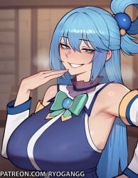 1female 1girls 2d 2d_(artwork) ai_generated alternate_breast_size aqua_(konosuba) armpits ass big_ass big_breasts big_breasts blue_eyes blue_hair kono_subarashii_sekai_ni_shukufuku_wo! large_ass large_breasts looking_at_viewer miniskirt patreon patreon_username ryogangg smirk smirking