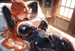1girls ahoge ai_generated armpits arms_behind_head arms_up bangs bed bed_sheet black_bodysuit black_gloves blush bodysuit breasts cleavage closed_mouth clothing covered_navel curvaceous curvaceous_female curvaceous_figure curvy curvy_figure earrings female female female_focus female_only genshin_impact gloves hand_on_hip hoyoverse huge_breasts indoors inviting inviting_to_sex jewelry large_breasts latex lips long_hair long_sleeves looking_at_viewer lying mavuika_(genshin_impact) miyuai navel on_back on_bed orange_eyes orange_hair original parted_lips pillow presenting presenting_breasts presenting_hindquarters presenting_self red_eyes red_hair seductive seductive_look seductive_smile shiny_clothes shiny_skin single_earring skin_tight smile solo sweat thick_thighs thighs very_long_hair virtual_youtuber voluptuous voluptuous_female window zipper zipper_pull_tab