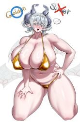 1girls alternate_version_available bikini blush demon demon_girl demon_horns earrings exabyte female hi_res horny huge_breasts konami labrynth_of_the_silver_castle large_breasts looking_at_another lovely_labrynth_of_the_silver_castle milf navel open_mouth parallax05 princess smile solo sweatdrop thighhighs thighs twintails voluptuous white_background wings yu-gi-oh!