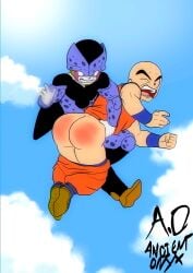 ancient-onyx artist_signature bald big_ass big_butt cell_junior clouds dragon_ball dragon_ball_z fist_clenched floating human humiliation krillin male no_visible_genitalia one_eye_closed otk_spanking over_the_knee_spanking pants_down sky spanked_butt spanking