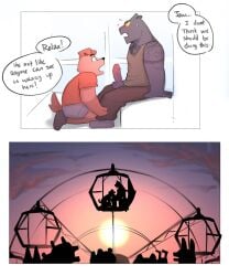 amusement_ride anthro arm_tattoo balls being_watched biceps blush bodily_fluids canid canine canis chest_tattoo comic dialogue domestic_dog duo embarrassed english_text erection fang_(jagshiro) felid fellatio ferris_wheel genitals hi_res humor jagshiro jaw_(jagshiro) kneeling kneeling_oral looking_at_another male male/male mammal oral pantherine pecs penile penis public public_exposure public_sex reassuring sex shocked shoulder_tattoo silhouette sitting speech_bubble sunset sweat tattoo text vein veiny_penis yellow_sclera