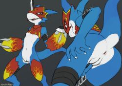 2025 5_fingers anthro anus ass bandai_namco blue_body blue_tail bottomless bottomless_anthro bottomless_female breasts claws clothed clothed_anthro clothed_female clothing countershade_torso countershading digimon digimon_(species) digital_media_(artwork) female finger_claws fingers flamedramon front_view genitals hi_res looking_at_viewer looking_back looking_back_at_viewer mask navel open_mouth partially_clothed partially_clothed_anthro partially_clothed_female pussy raised_tail rear_view red_eyes sealer4258 simple_background solo tail teeth tongue topwear