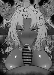 1boy 1girls :>= atelier_(series) atelier_yumia bare_shoulders big_breasts big_penis black_and_white blush censored dark-skinned_female detailed_background drooling eyelashes fellatio female heart horn humanoid indoor inside interspecies kneeling kurotama licking lili_borea long_hair looking_at_viewer male male_pov markings oral oral_sex penis pov room saliva shiny shiny_skin sketch sound_effects squatting sweat text tongue_out vein veins veiny veiny_penis video_games