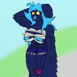 abs anthro arm_feathers avian beak big_breasts bird blue_hair breast_expansion breasts car_man erect_nipples expansion female fluffy hair long_hair martlet_(undertale_yellow) martlet_(zenith_form) muscular muscular_anthro muscular_female nipples public public_nudity solo solo_focus surprise thick_thighs undertale undertale_(series) undertale_yellow