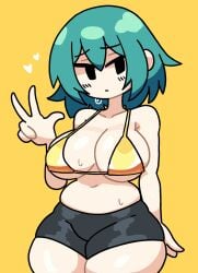 1girls big_breasts bikini_top breasts cyan_hair fat_thighs female heart light-skinned_female mob_face nono_(notnoe) notnoe_(dxcl) oc original original_character peace_sign shorts solo solo_female sweat thick_thighs thighs yellow_background