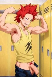 abs ai_generated armpit_hair balls biceps big_penis blush eijirou_kirishima flaccid_penis flexing_arms foreskin gay kirishima_eijirou locker_room looking_at_viewer male male_only muscular muscular_male my_hero_academia nude_male open_mouth penis pubic_hair red_eyes red_hair smile toned_body toned_male twall97 uncut