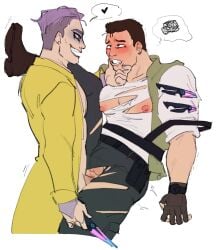 2boys anal anal_sex blades blush chris_redfield clothed clothed_sex crossover dead_by_daylight gay gay_domination gay_sex hand_on_face male male_only resident_evil ripped_pants the_trickster