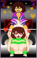 1boy 1girls ambiguous_penetration ass ass big_ass big_breasts big_butt breasts chara chara_(undertale) cum cum_inside cum_overflow cumflation drooling frisk frisk_(undertale) hearts_around_head inflation jacket penetration pixel_art self_upload undertale undertale_(series) zixy