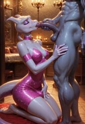 2boys ai_generated anthro bulge gay humanoid humanoid_penis machoke male male/male male_only mammal mewtwo muscular muscular_male oral pokemon pokemon_(species)