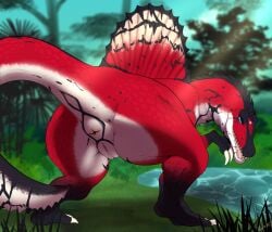 anus blue_eyes claws dinosaur feral feral_only highres pussy red_body scales sharp_teeth spinosaurid spinosaurus