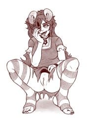 alien aradia_megido black_toenails goth goth_girl homestuck horns lipstick long_hair pentagram_necklace pulling_up_skirt pussy shadow_over_eyes squatting teasing thigh_highs toeless_legwear toeless_socks upskirt wistfullinsomniac