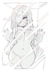 aria_(parororo) aria_wintermint breast_press breasts completely_nude_female hair_covering_eye long_hair medium_breasts parororo pressed_on_glass sketch solo solo_female