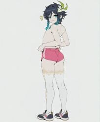 1boy :3 ai_assisted ai_generated androgynous ass back bangs black_footwear black_hair blue_hair braid choker closed_mouth clothes_pull femboy flower from_behind full_body genshin_impact gradient_hair green_eyes grey_background hair_flower hair_ornament looking_at_viewer looking_back male_focus multicolored_hair nipples otoko_no_ko shoes short_shorts shorts simple_background smile sneakers solo solo_male sondu standing thighhighs topless_male twin_braids venti_(genshin_impact) white_background white_flower white_thighhighs