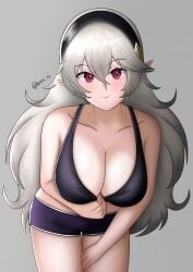 1girls black_hairband blush breasts cleavage corrin_(fire_emblem) corrin_(fire_emblem)_(female) delvy_17 female fire_emblem fire_emblem_fates hairband large_breasts long_hair looking_at_viewer nintendo red_eyes short_hair thighs white_hair