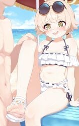 1boy @_@ barefoot beach bikini blonde_hair blue_archive blush cloud cloudy_sky didac_fantasy eyewear_on_head female footjob frilled_bikini frills hifumi_(blue_archive) highres long_hair low_twintails navel nude ocean open_mouth penis sandaljob sandals sitting sky smile soles solo_focus sunglasses sweat swimsuit twintails white_sandals young