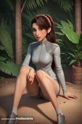 1girls ai_generated artist_name breasts brown_eyes brown_hair grey_jacket hi_res jacket jurassic_park jurassic_world jurassic_world_camp_cretaceous jurassic_world_chaos_theory knees_together_feet_apart lips long_hair long_sleeves looking_at_viewer medium_breasts netflix nose outdoors palm_tree patreon_username plant ponytail progenarts sand shoes short_shorts shorts sitting sneakers socks solo tree underwear watermark web_address yasmina_fadoula_(jurassic_world) zipper