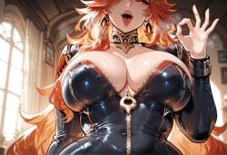 1girls ai_generated bangs blush bodysuit breasts choker cleavage clothing curvaceous curvaceous_female curvaceous_figure curvy curvy_figure earrings fangs fellatio_gesture female female_focus female_only genshin_impact hair_over_one_eye hoyoverse huge_breasts indoors inviting inviting_to_sex jewelry large_breasts lips long_hair long_sleeves looking_at_viewer mavuika_(genshin_impact) miyuai open_mouth oral_invitation orange_eyes orange_hair presenting presenting_breasts presenting_self red_hair saliva seductive seductive_look seductive_smile sexually_suggestive skin_tight smile solo sweat tongue tongue_out upper_body voluptuous voluptuous_female window zipper zipper_pull_tab