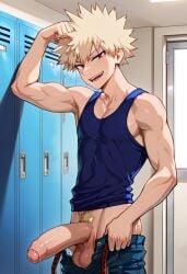 abs ai_generated bakugou_katsuki balls biceps big_balls big_penis blonde_hair blue_jeans blush erection flexing_arms foreskin gay katsuki_bakugou locker_room looking_at_viewer male male_only muscular muscular_male my_hero_academia nude_male open_mouth pants_down pecs penis red_eyes smile toned_body toned_male twall97 uncut