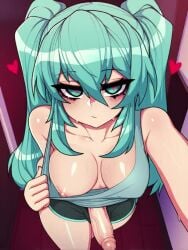 1futa ai_animation ai_generated altra_x aqua_eyes aqua_hair from_above futanari hatsune_miku heart heart-shaped_pupils intersex looking_at_viewer medium_breasts nipples penis seductive_look shorts solo sweat sweaty_breasts tagme tank_top top_pull veiny_penis video