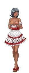 bare_shoulders blossoming_brittany_(hentai_heroes) blue_eyes blush breast_lift breasts brittany_(hentai_heroes) cg dark-skinned_female dark_skin dress dress_pull female food_print full_body grey_hair hentai_heroes kinkoid large_breasts lipstick looking_at_viewer makeup mito_ikumi nail_polish nipples official_art parody print_dress short_hair silver_hair simple_background smile solo standing strawberry_panties strawberry_print transparent_background