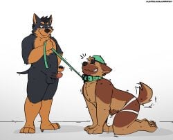 2025 all_fours anthro arm_tuft ass backwards_baseball_cap backwards_hat balls baseball_cap belly_hair bodily_fluids body_hair bondage bulge canid canine canis chest_tuft closed_eyes clothing collar domestic_dog dominant dripping duo elbow_tuft erection erection_under_clothing erection_under_jockstrap feet genital_fluids genitals grin hand_on_hip hat headgear headwear hi_res jockstrap leash leash_pull looking_at_another looking_at_partner male male/male mammal manly neck_tuft nervous_smile nude pecs penis petplay precum precum_drip puppyplay quejumbrosoalex roleplay simple_background slightly_chubby smile submissive tail tail_motion tailwag tuft underwear wholesome_bdsm