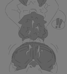 anthro arthropod ass black_and_white bodily_fluids bottomwear bulge clothing cum cum_in_hair cum_inside cum_on_back cum_on_butt cum_on_clothing cum_through denim denim_bottomwear denim_clothing denim_shorts duo erection erection_under_clothing exclamation_point female genital_fluids grinding hair hi_res insects lepidopteran male male/female monochrome moth motion_lines raewtf shirt shorts speech_bubble tank_top topwear