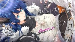 1boy absurdres arknights bison_(arknights) black_jacket black_scarf blue_eyes blue_hair breasts cleavage cum demon_girl demon_horns fallen_angel female fur-trimmed_hood fur-trimmed_jacket fur_trim halo heart highres hood horns jacket kurarome large_breasts mostima_(arknights) paizuri paizuri_under_clothes precum scarf shirt smile straight translation_request white_shirt
