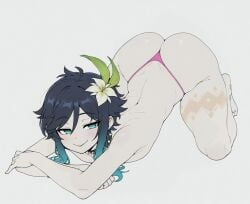 1boy ai_assisted androgynous aqua_eyes aqua_hair ass bangs black_hair blue_hair blush braid closed_mouth crossed_arms flower genshin_impact gradient_hair green_eyes hair_flower hair_ornament huge_ass leg_tattoo looking_at_viewer male_focus multicolored_hair otoko_no_ko panties short_hair_with_long_locks sidelocks simple_background smile solo solo_male sondu tattoo thong top-down_bottom-up topless_male twin_braids underwear venti_(genshin_impact) white_background white_flower