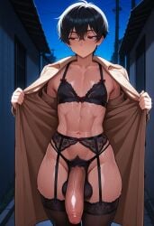 1boy 1femboy ai_generated alleyway balls_in_panties big_penis black_hair bra coat crossdressing femboy fit flat_chest garter_straps lingerie male meeting night opening_jacket panties penis pubic_hair revealing_clothes shy stockings tall_male