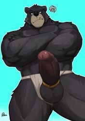accessory anthro anthro_focus anthro_only balls bear blush bottomwear clothing cock_ring crossed_arms digital_drawing_(artwork) digital_media_(artwork) ere erection eyebrows fangs foreskin fur genitals glans hi_res jewelry loincloth male mammal penis penis_accessory penis_jewelry radcanine simple_background solo standing teeth