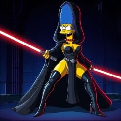ai_generated cape cloak dress edit hood light_saber marge_simpson may_the_4th_be_with_you no_bra no_panties skimpy_costume star_wars the_simpsons thigh_boots thighhighs