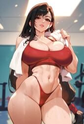 1girls 2d ai_generated big_breasts black_hair female female_focus female_only final_fantasy final_fantasy_vii gym highleg indoors long_hair panties red_sports_bra solo solo_female solo_focus sports_bra standing sweat tagme tifa_lockhart towel