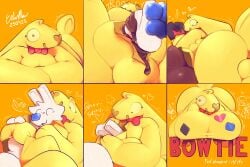 2025 absurd_res anthro ass balls big_butt blue_nose bow_tie bowtie_(sofmallow) breasts cheesecake_(sofmallow) digital_drawing_(artwork) digital_media_(artwork) english_text food food_creature genitals heart_symbol hi_res lagomorph looking_at_viewer low-angle_view lying mammal nonbinary_(lore) on_front rear_view scut_tail sequence short_tail signature smile sofmallow tail text thick_thighs vore yellow_body