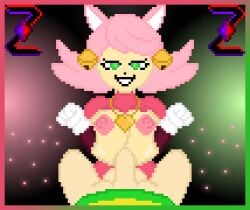 1boy 1girls balls bells big_breasts blush breasts cat_ears catgirl chara chara_(undertale) green_eyes heart_necklace mad_mew_mew mew_mew_(undertale) mew_mew_kissy_cutie paizuri penis pink_hair pixel_art self_upload undertale undertale_(series) zixy