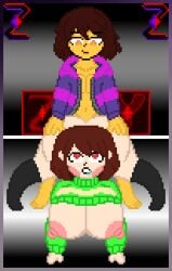 1boy 1girls ass ass big_ass big_breasts big_butt breasts chara chara_(undertale) drooling frisk frisk_(undertale) jacket penetration pixel_art self_upload undertale undertale_(series) zixy