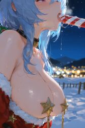 big_breasts blue_hair breasts christmas clowenqq covered_nipples ganyu_(genshin_impact) saliva_trail savoring sucking