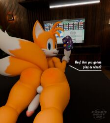 1boy 3d absurd_res anthro ass balls canid canine clothing dialogue digital_media_(artwork) english_text femboy fox genitals gloves handwear hi_res humanoid_genitalia humanoid_penis looking_at_viewer male male_only mammal melongoat3d miles_prower miles_tails_prower nude penis sega solo sonic_(series) sonic_the_hedgehog_(series) tail tails tails_the_fox text twink