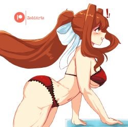1girls 2d bra doki_doki_literature_club female female_only female_solo long_hair long_ponytail monika_(doki_doki_literature_club) only_female panties ponytail solo solo_female solo_only thighhighs_removed underwear zeddarts