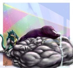 animal_genitalia anthro balls big_balls big_penis bodily_fluids brom_(sahurus) claws cock_vore cum duo fangs felid felid_taur full_balls fur genital_fluids genitals green_body green_fur grey_body grey_fur hi_res huge_balls huge_cock hyper hyper_balls hyper_genitalia hyper_penis jee_noise_(noisemonster) leaking_cum lion lion_taur male male/male mammal mammal_taur markings multicolored_markings noisemonster pantherine pantherine_taur paws penile penis pink_body pink_fur red_eyes sergal smile smirk squirming struggling struggling_prey tail taur teeth vore yellow_body yellow_fur