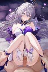 1boy blue_eyes breasts censored commentary_request completely_nude dress erection female grabbing_another's_ankles halo head_wings heart high_heels highres honkai:_star_rail honkai_(series) imminent_penetration long_hair mosaic_censoring no_panties nude on_bed paid_reward_available penis robin_(honkai:_star_rail) smile straight welo white_dress white_hair wings