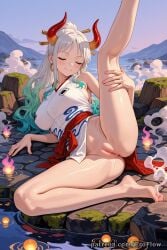 1girls 2025 ai_generated anus bare_legs barefoot blush bottomless breasts closed_eyes closed_mouth clothing curled_horns earrings eroflow facing_viewer feet female female_only green_hair hair_ornament hair_stick hi_res highres horns japanese_clothes jewelry kimono large_breasts leg_up legs long_hair lying multicolored_horns on_side one_piece one_piece_swimsuit onsen outdoors patreon pussy red_horns sleeveless_kimono smile solo spread_legs toes uncensored vagina voluptuous voluptuous_female wano_country water white_hair yamato yamato_(one_piece) yamato_(one_piece)_(cosplay)
