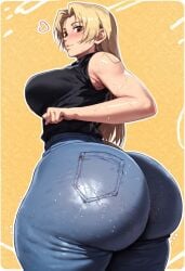 ai_generated ass ass ass_focus big_ass big_breasts big_butt big_thighs blonde_female blonde_hair blonde_hair brown_eyes bubble_ass bubble_butt butt_focus enormous_ass enormous_breasts enormous_butt enormous_thighs fat_ass fat_butt female huge_ass huge_breasts huge_butt huge_thighs jeans jujutsu_kaisen massive_ass massive_breasts massive_butt massive_thighs pants shirt sleeveless sweat sweaty sweaty_body sweaty_butt thick thick_ass thick_butt thick_thighs thighs yuki_tsukumo zeca997