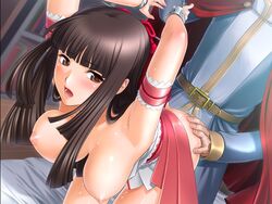 1boy 1girls ass ass_grab bed bent_over blush breasts brown_eyes brown_hair clothes_lift cuffs doggystyle game_cg hetero hime_to_boin huge_breasts nipples open_mouth princess_maple restrained sano_toshihide sex sex_from_behind skirt skirt_lift solo_focus vaginal