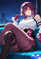 ai_generated female holding honkai:_star_rail kafka_(honkai:_star_rail) knee_boots legs_crossed looking_at_viewer night pink_eyes potato_chips purple_gloves purple_hair skyline sofa sunglasses tights white_shirt